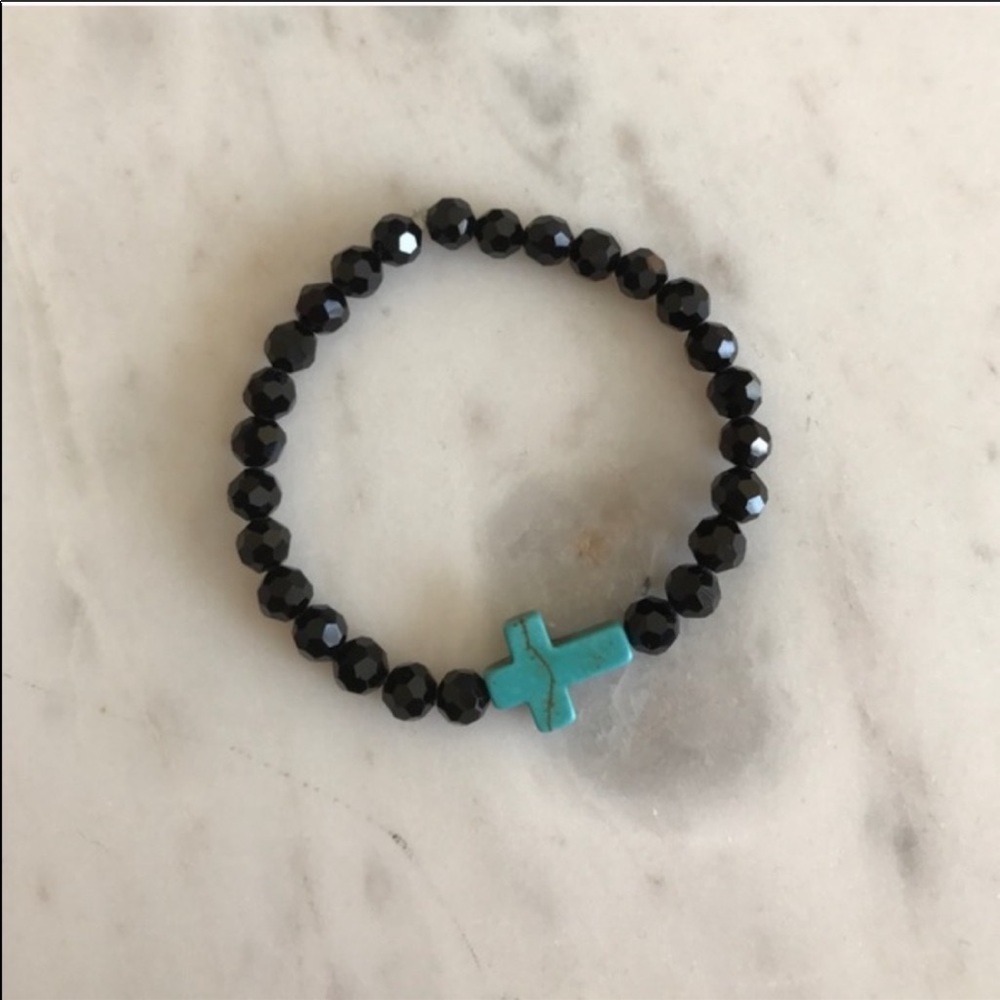 Black crystal bracelet with turquoise cross
